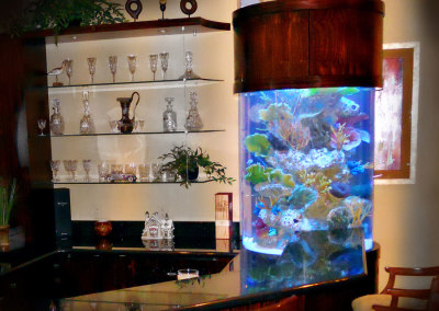 Residential 170 Gallon Custom Cylindrical Saltwater Aquarium System with Artificial Reef Display