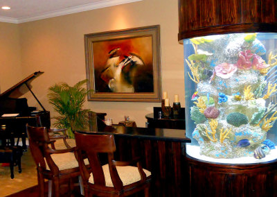 Residential 170 Gallon Custom Cylindrical Saltwater Aquarium System with Artificial Reef Display